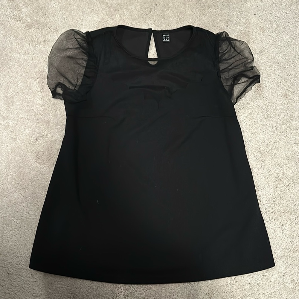 Mesh neckline and short sleeve black blouse, size medium.